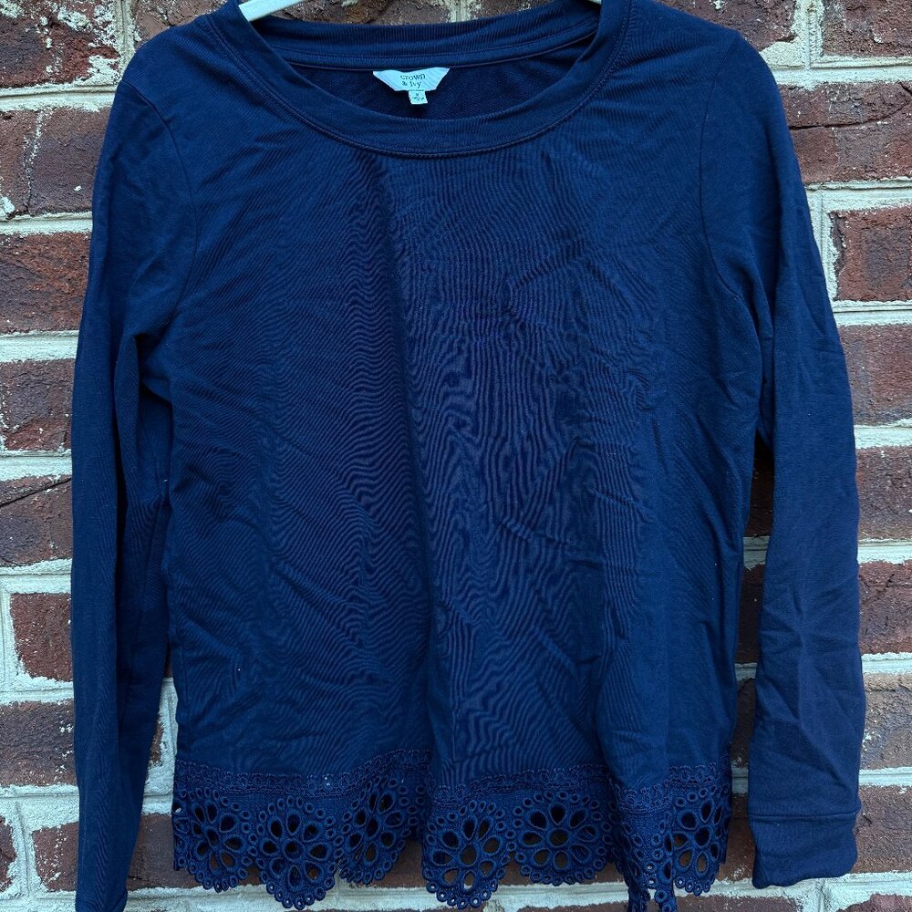 Crown & Ivy Navy Long Sleeve with Lace Boarder